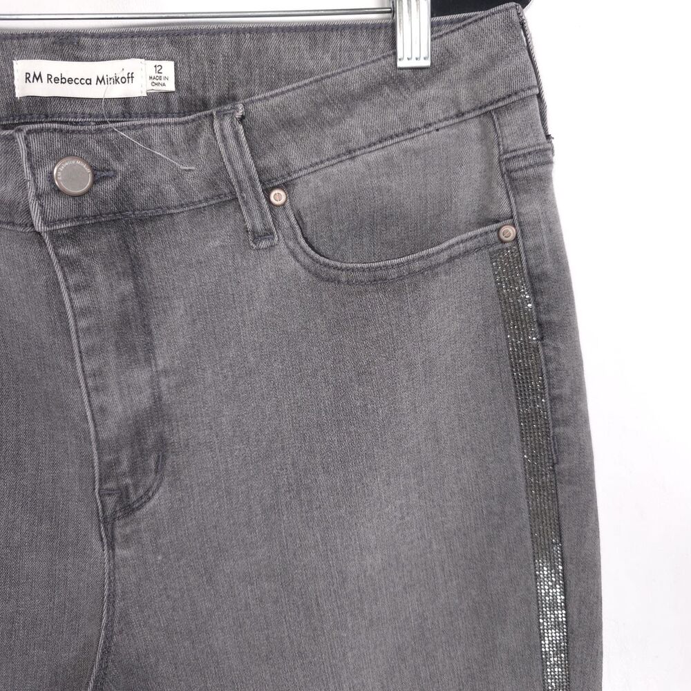 RM REBECCA MINKOF NWOT Gray Stretch Flare Bootcut Jeans Side Stripe Metallic 12 - Picture 9 of 13